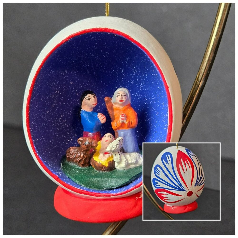 Hand Painted Nativity Scene Egg Ornament Miniature Folk Art Christmas Peru 1.75"